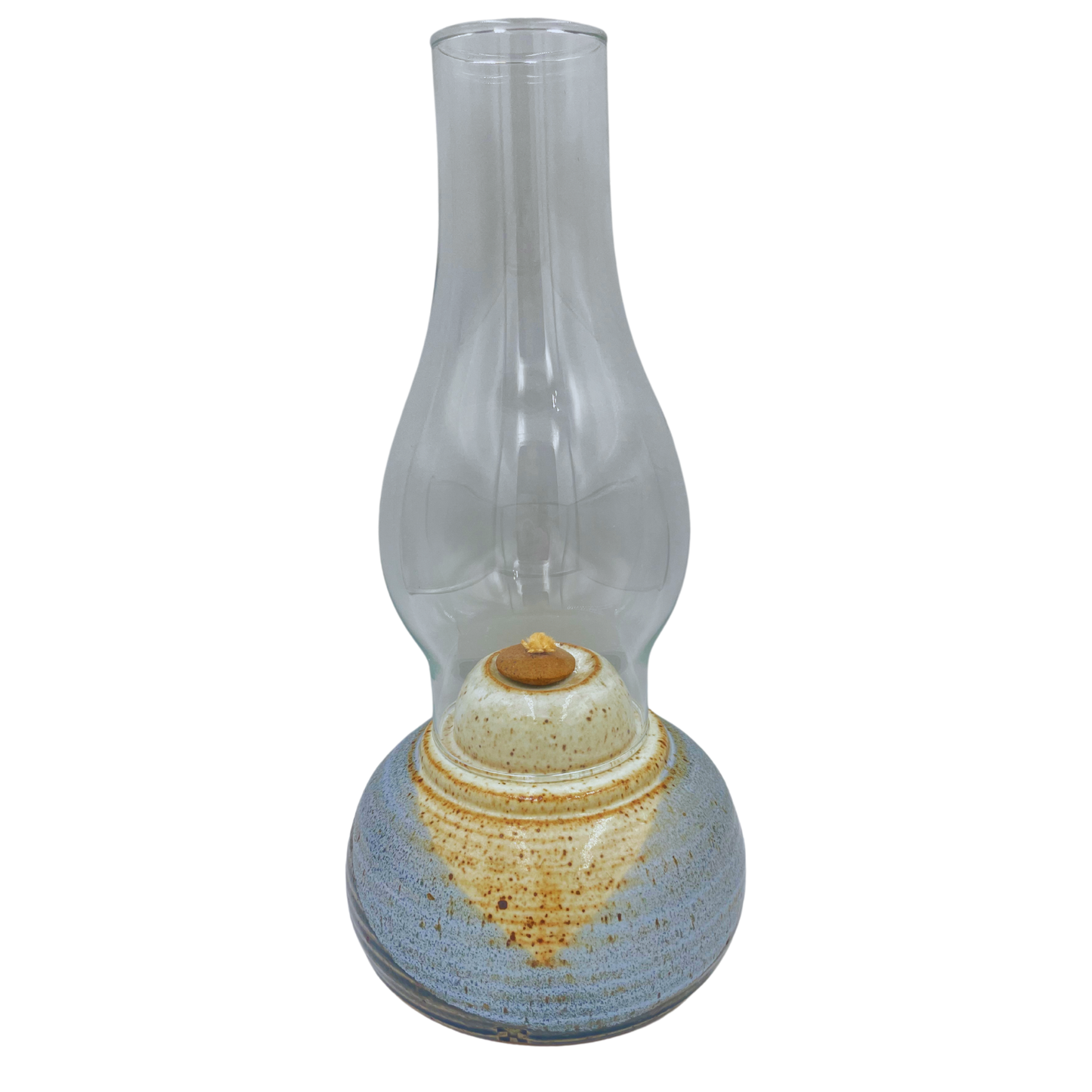 Vintage Studio Pottery Ceramic Oil Lamp with Glass Hurricane