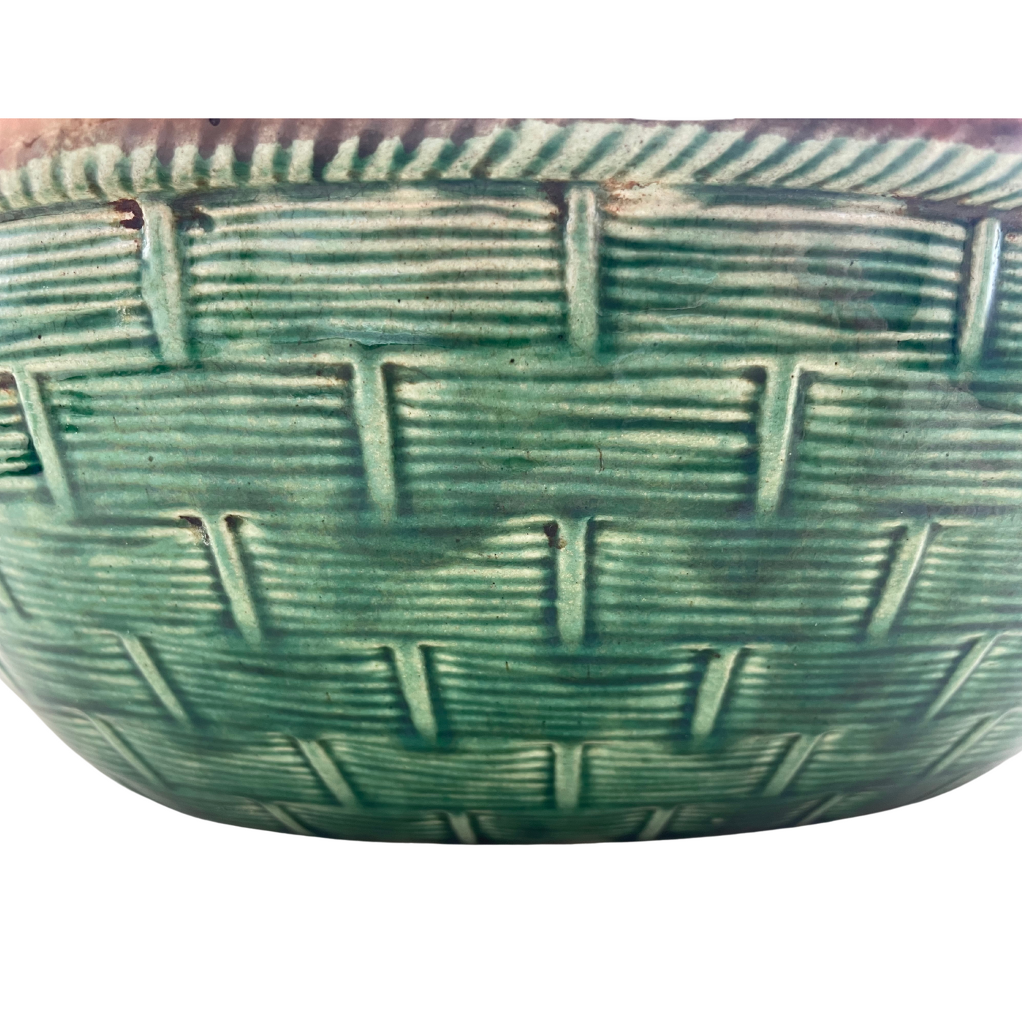 1930s Tellurite Green Mushroom Majolica Lidded Casserole Dish with Basket Weave