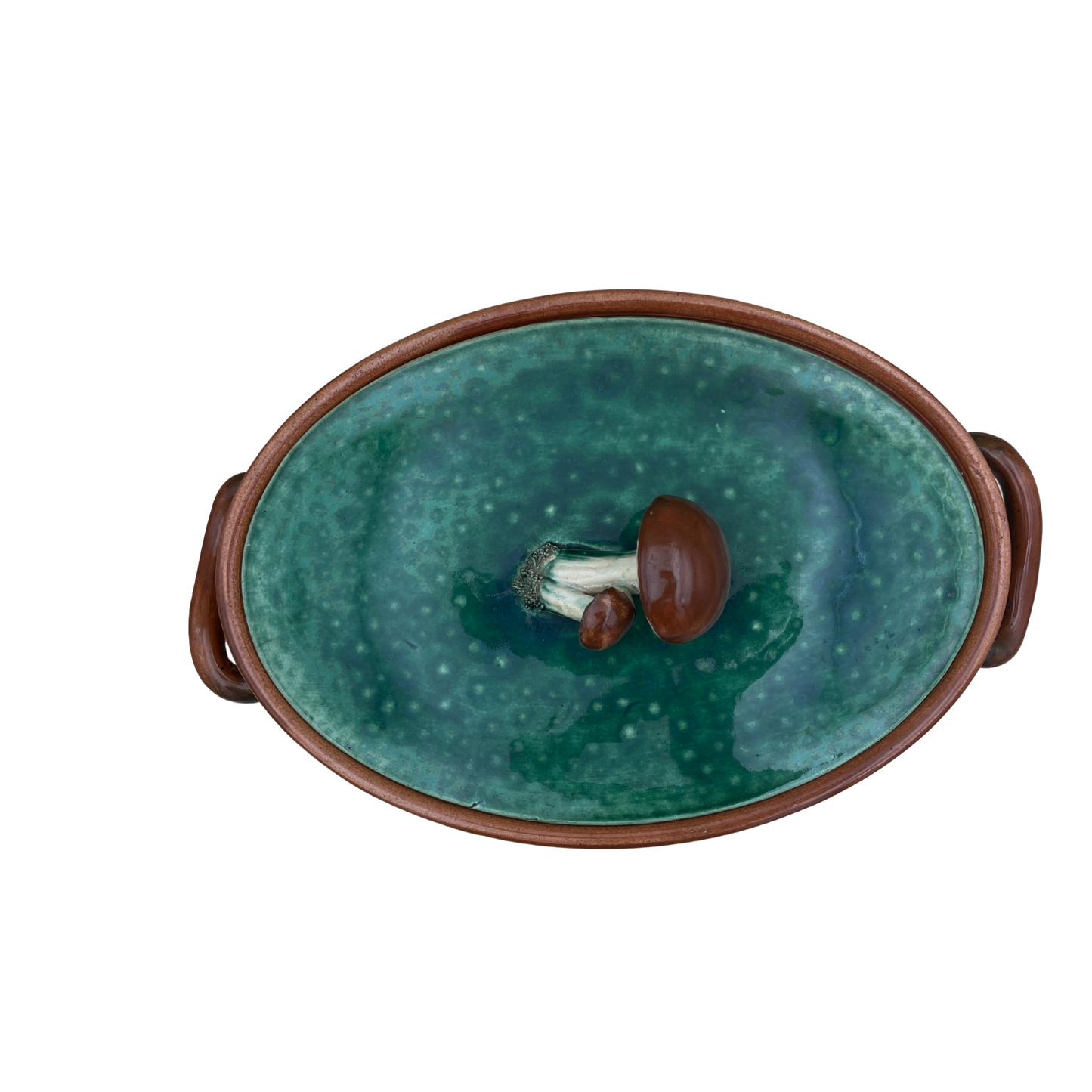 1930s Tellurite Green Mushroom Majolica Lidded Casserole Dish with Basket Weave