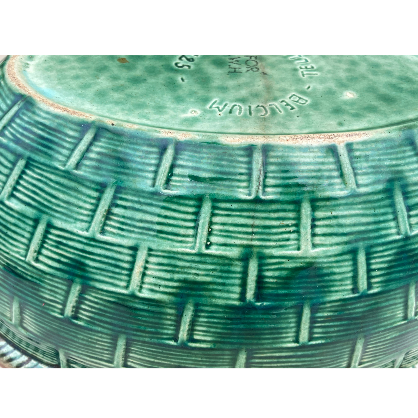 1930s Tellurite Green Mushroom Majolica Lidded Casserole Dish with Basket Weave