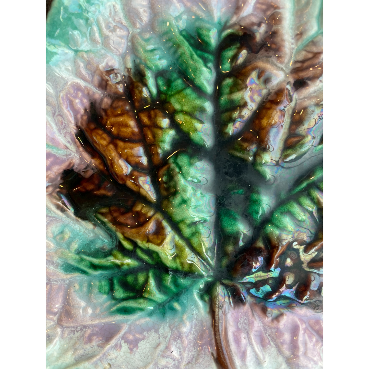 Antique Majolica Leaf Dish – Multicolor Glazed Pottery, Fig or Grape Leaf Design