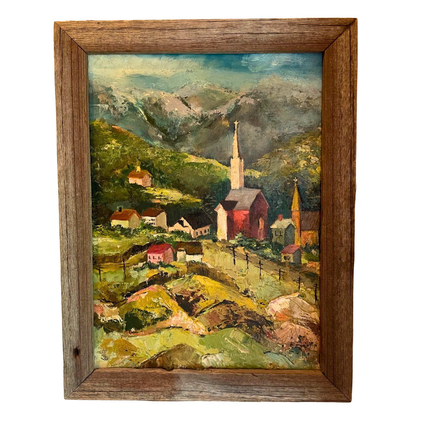Vintage Oil Painting – Mountain Village Scene with Rustic Frame