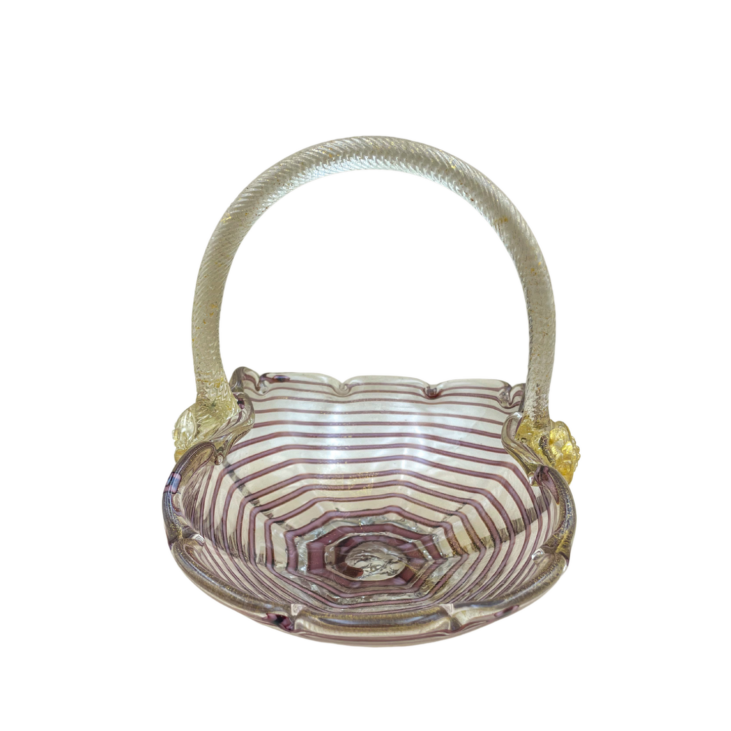 Murano Hand Blown Glass Basket – Purple Ribbon Swirl with Gold Aventurine