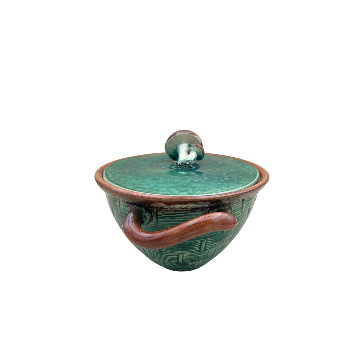 1930s Tellurite Green Mushroom Majolica Lidded Casserole Dish with Basket Weave