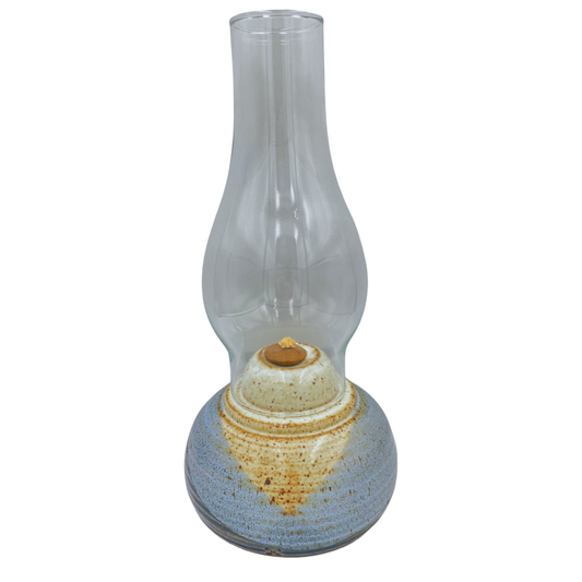 Vintage Studio Pottery Ceramic Oil Lamp with Glass Hurricane