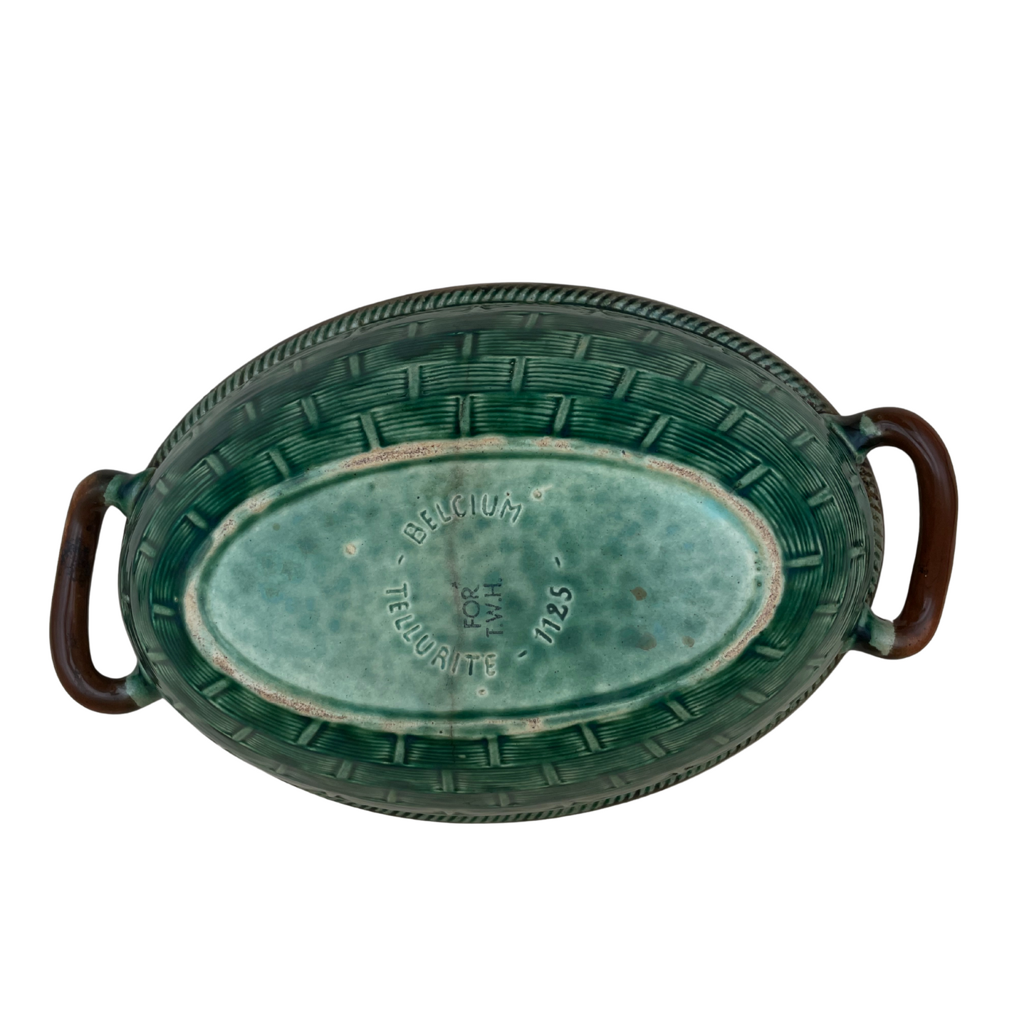 1930s Tellurite Green Mushroom Majolica Lidded Casserole Dish with Basket Weave