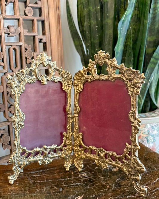 Antique Ornate Brass Double Picture Frame with Velvet Backing