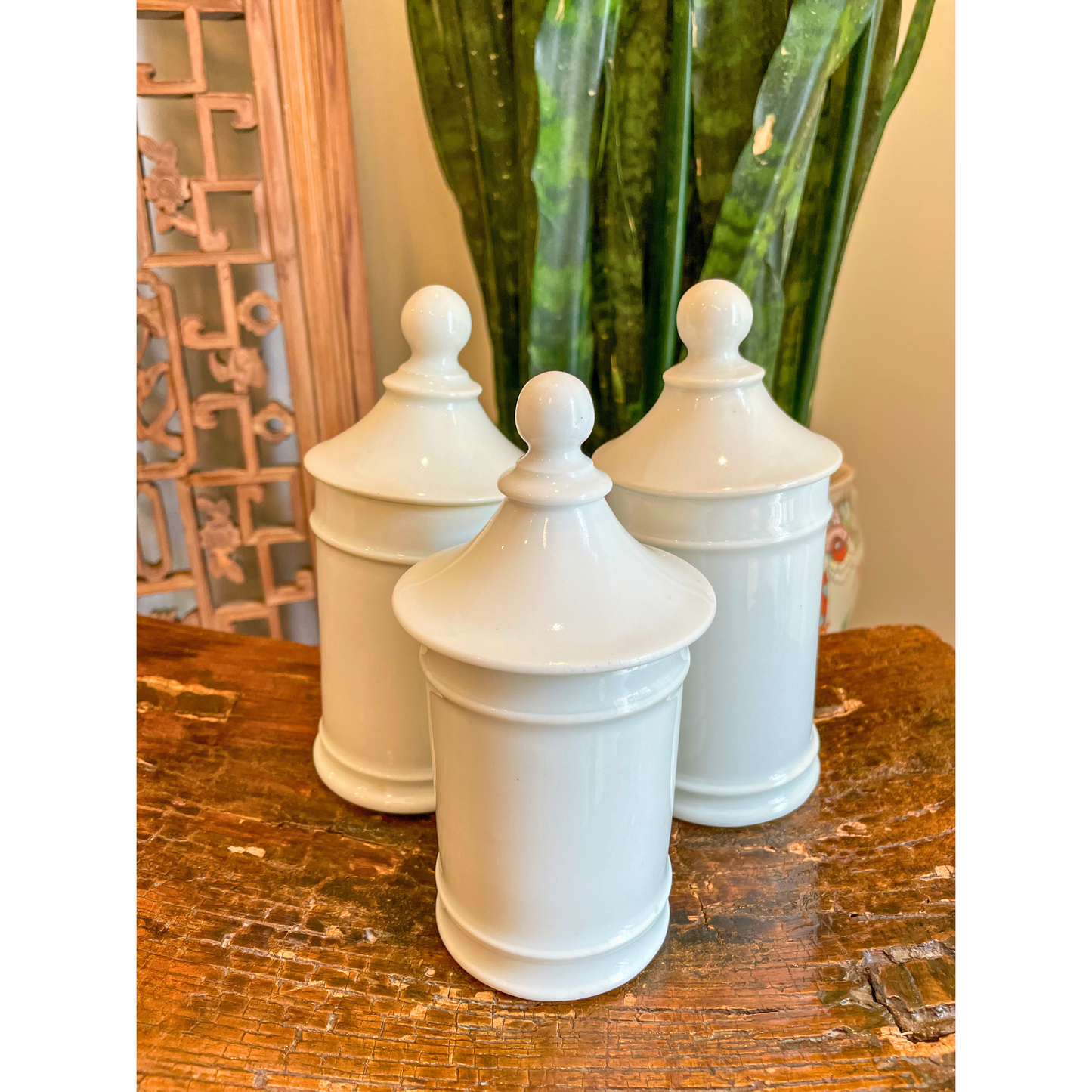 Set of 3 Vintage White Ceramic Apothecary Jars with Lids