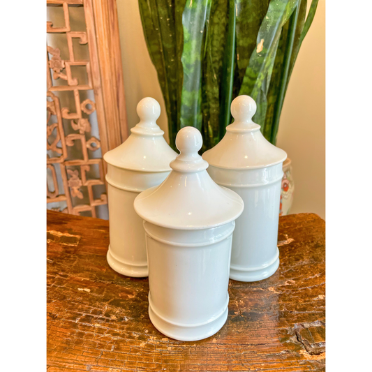 Set of 3 Vintage White Ceramic Apothecary Jars with Lids