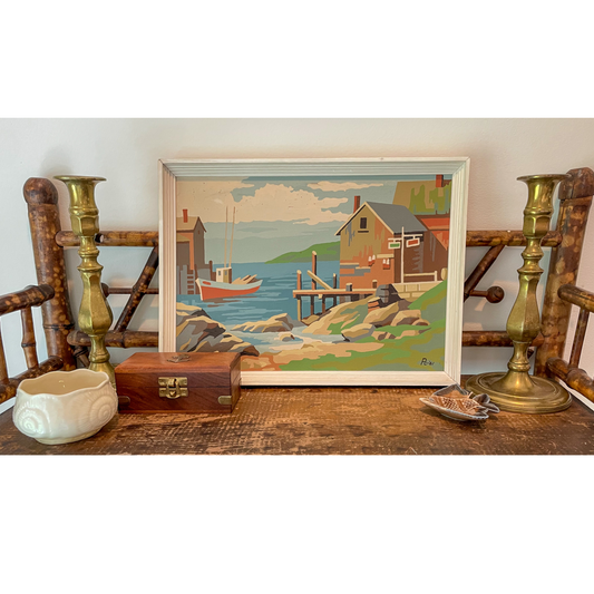 Vintage Midcentury Paint-by-Number | Framed Coastal Harbor Scene