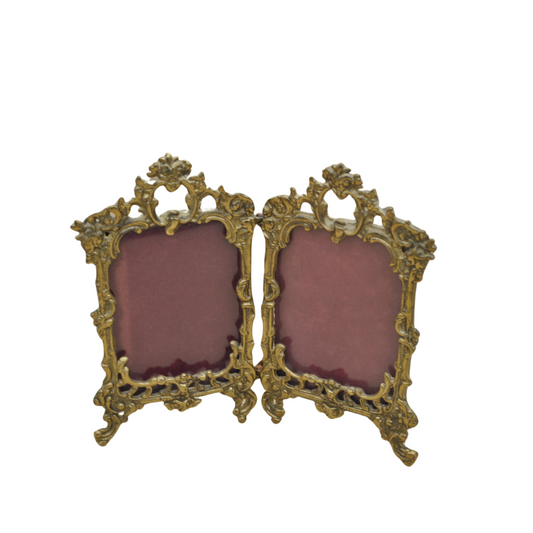 Antique Ornate Brass Double Picture Frame with Velvet Backing