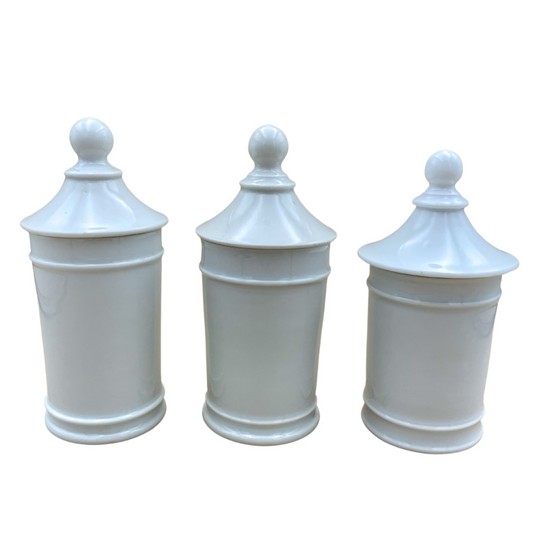 Set of 3 Vintage White Ceramic Apothecary Jars with Lids
