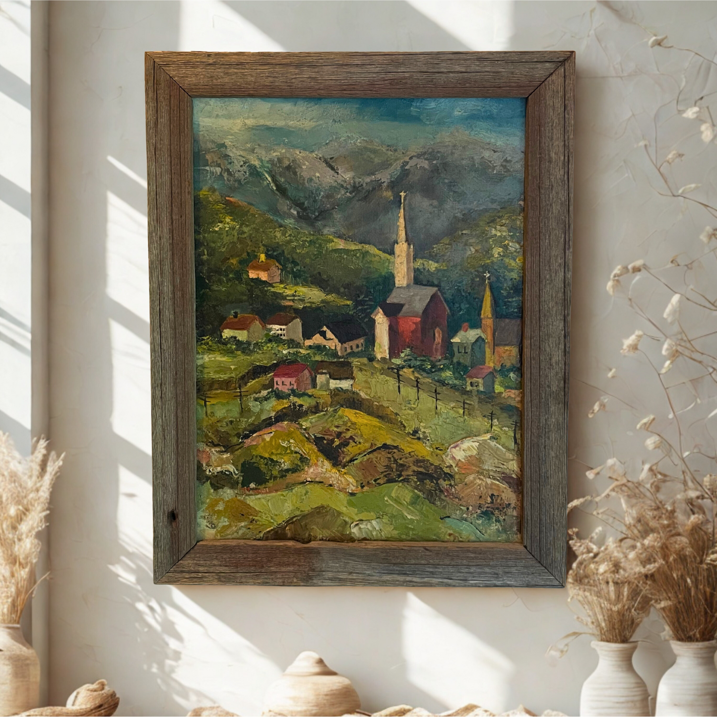 Vintage Oil Painting – Mountain Village Scene with Rustic Frame