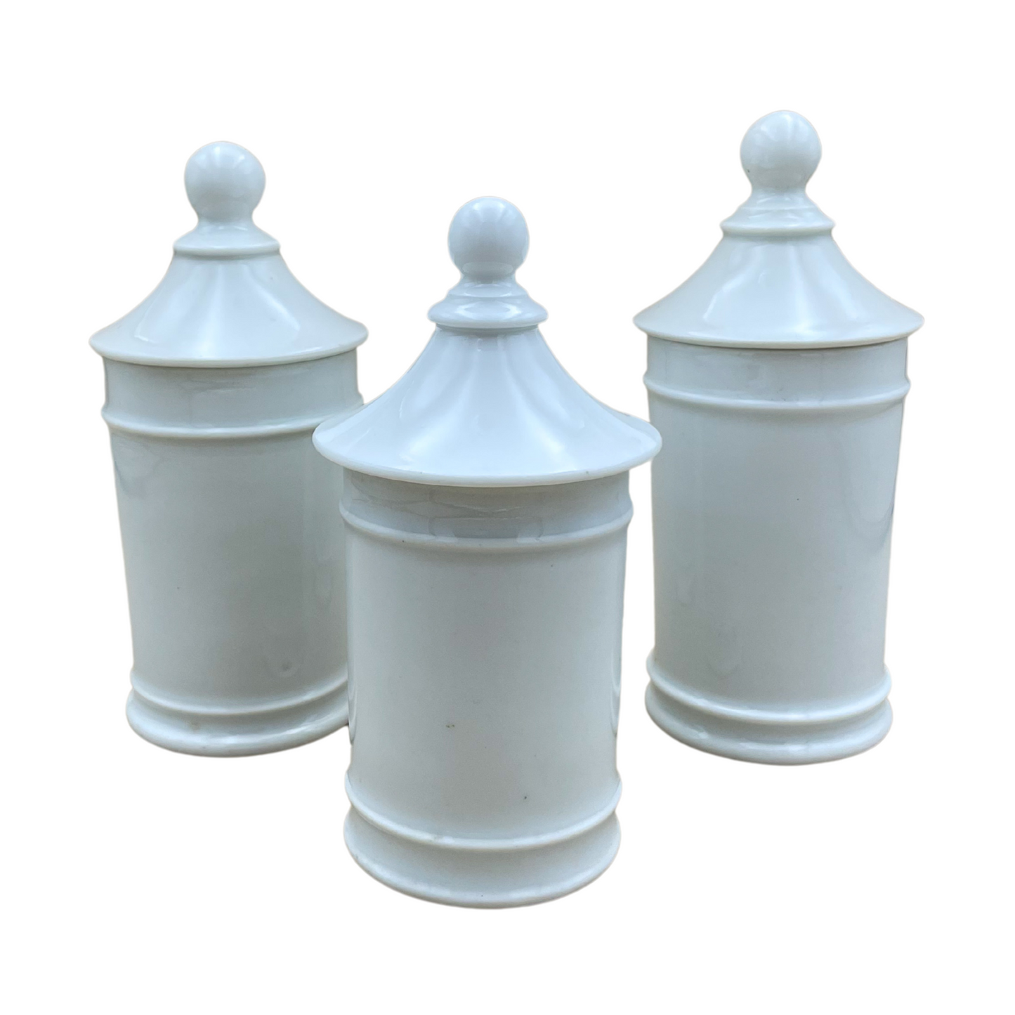 Set of 3 Vintage White Ceramic Apothecary Jars with Lids
