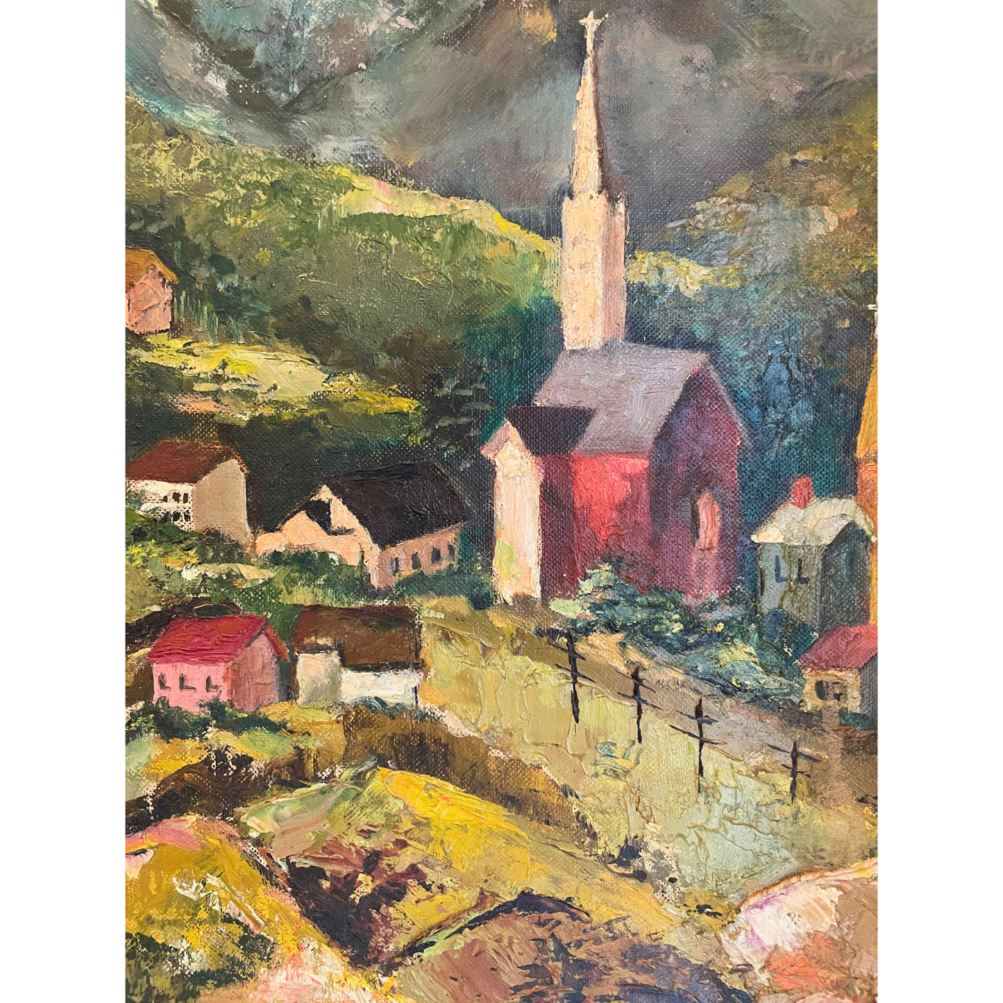Vintage Oil Painting – Mountain Village Scene with Rustic Frame