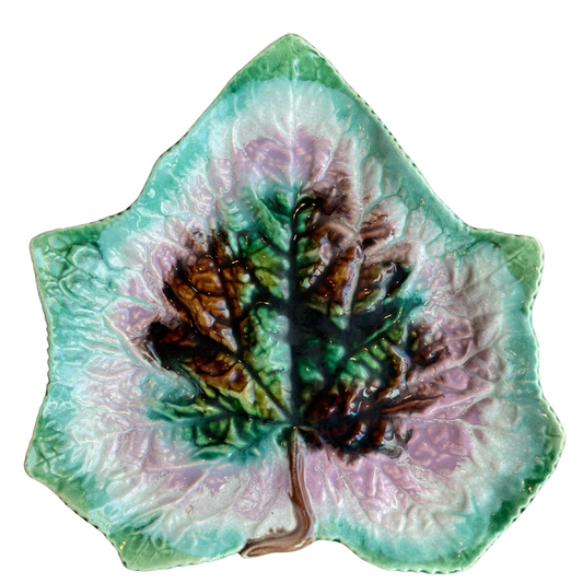 Antique Majolica Leaf Dish – Multicolor Glazed Pottery, Fig or Grape Leaf Design