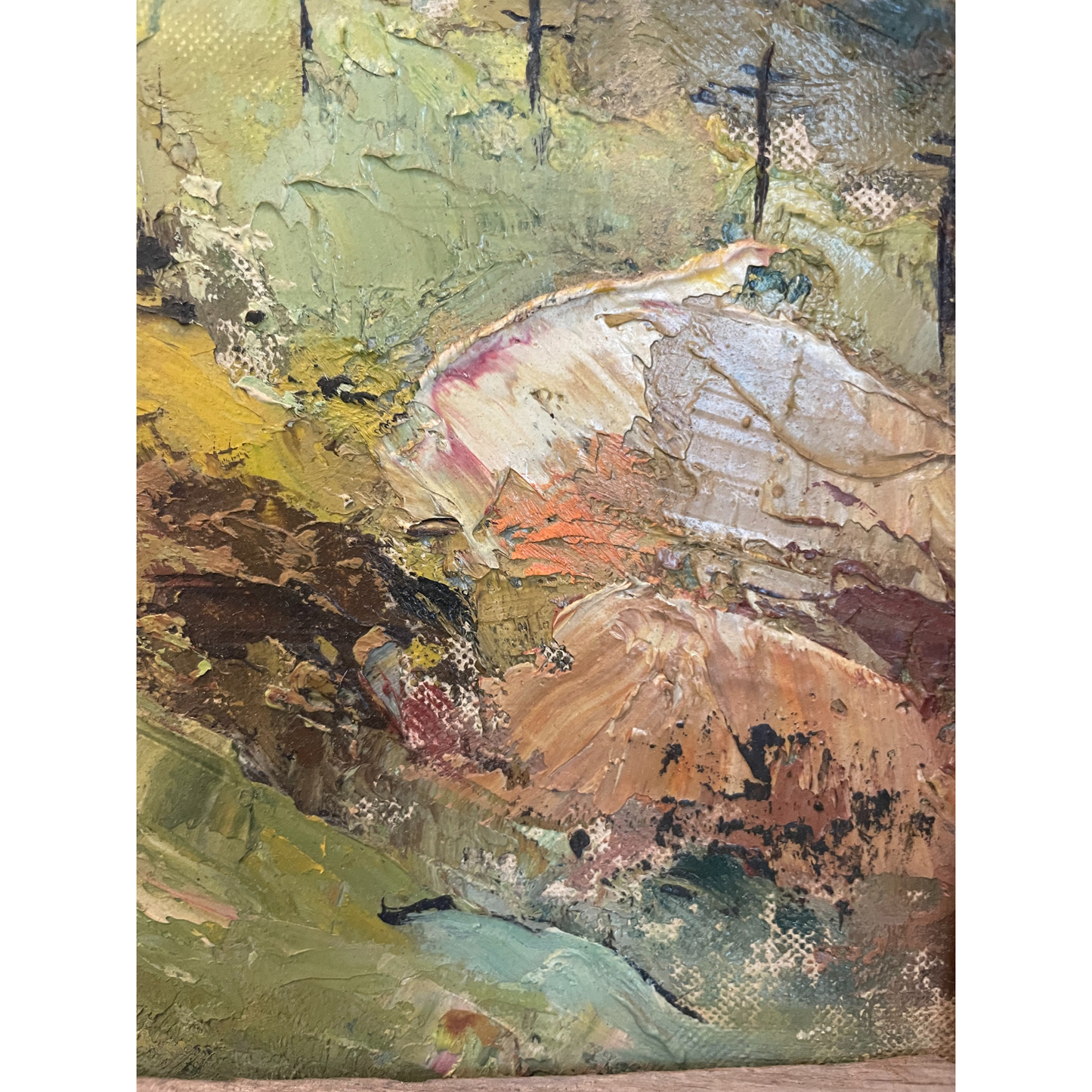 Vintage Oil Painting – Mountain Village Scene with Rustic Frame