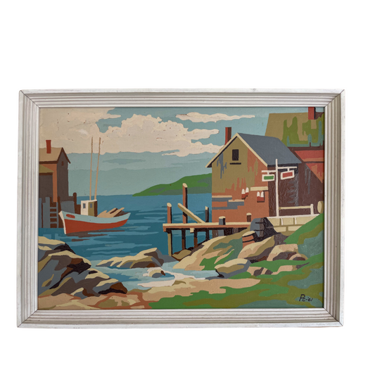 Vintage Midcentury Paint-by-Number | Framed Coastal Harbor Scene