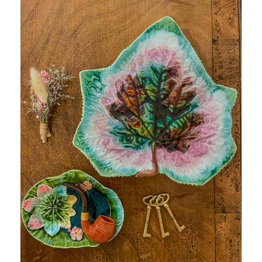 Antique Majolica Leaf Dish – Multicolor Glazed Pottery, Fig or Grape Leaf Design