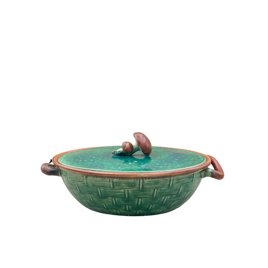 1930s Tellurite Green Mushroom Majolica Lidded Casserole Dish with Basket Weave