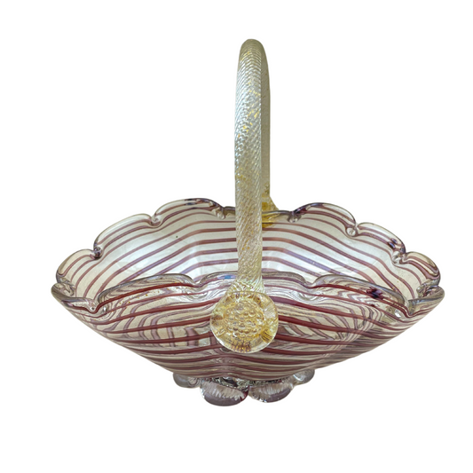 Murano Hand Blown Glass Basket – Purple Ribbon Swirl with Gold Aventurine