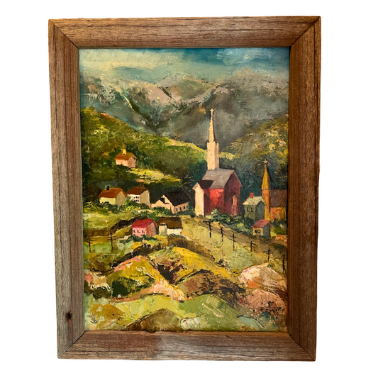 Vintage Oil Painting – Mountain Village Scene with Rustic Frame