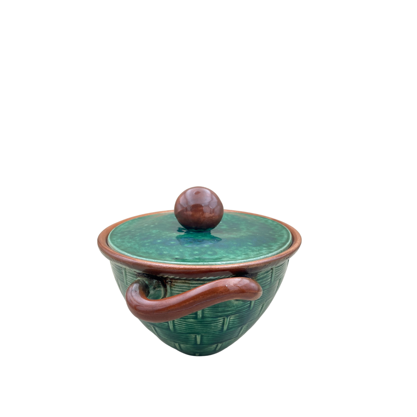 1930s Tellurite Green Mushroom Majolica Lidded Casserole Dish with Basket Weave