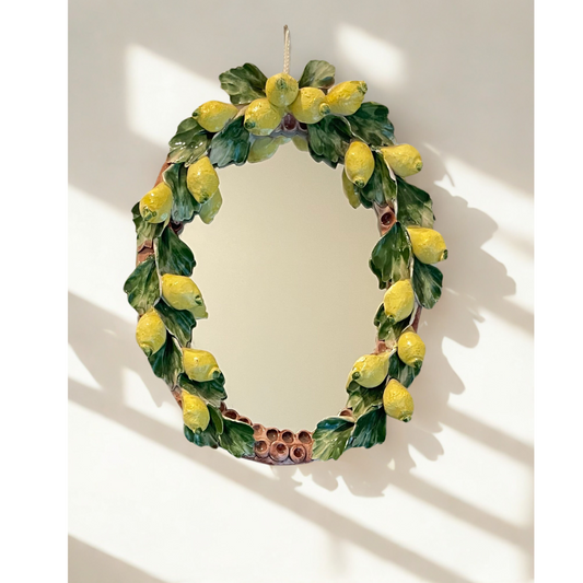 Vintage Hand-Painted Italian Lemon Wreath Ceramic Mirror