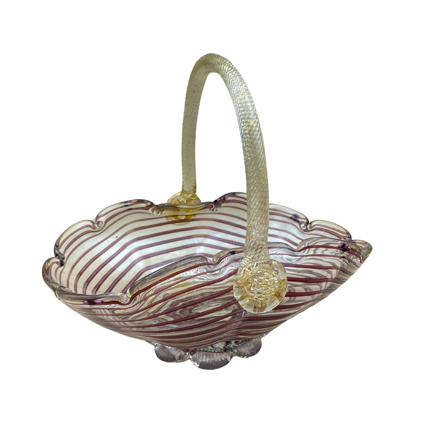 Murano Hand Blown Glass Basket – Purple Ribbon Swirl with Gold Aventurine