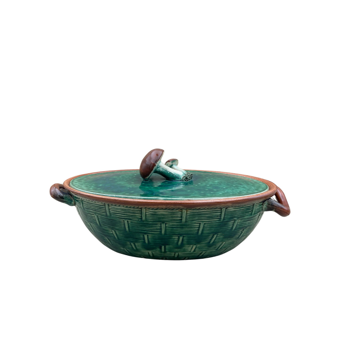1930s Tellurite Green Mushroom Majolica Lidded Casserole Dish with Basket Weave