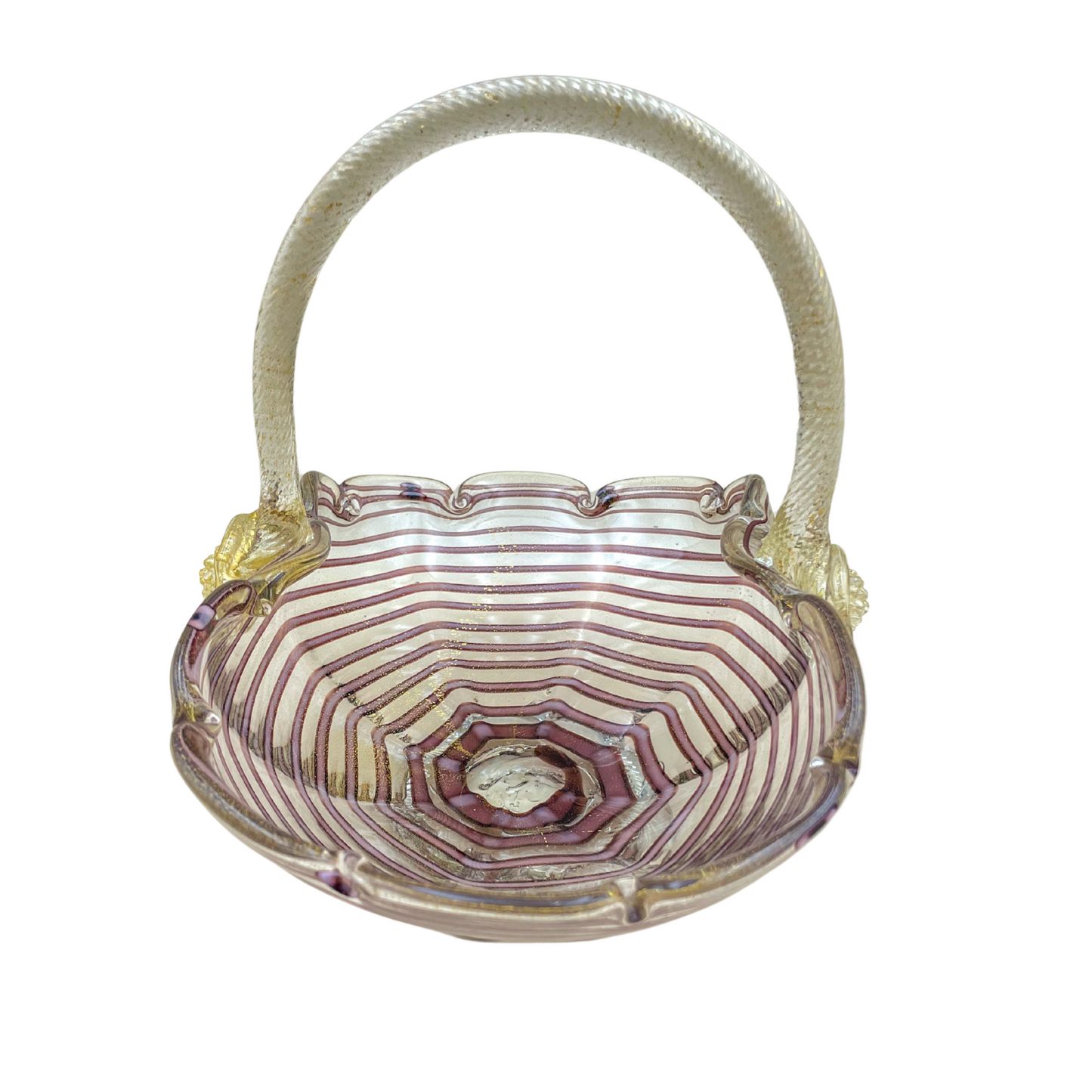 Murano Hand Blown Glass Basket – Purple Ribbon Swirl with Gold Aventurine