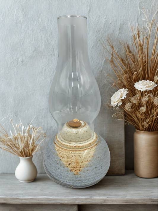 Vintage Studio Pottery Ceramic Oil Lamp with Glass Hurricane